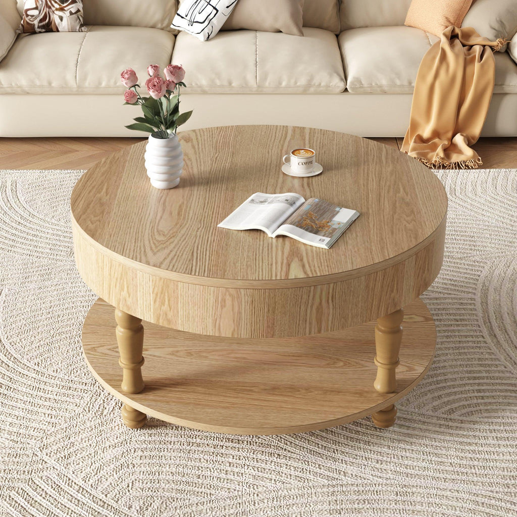 Coffee Table with Dual Storage for Living Room, 31.5' Modern Round Coffee Table with Storage and Hidden Compartment, Adjustable Leveling Feet, Easy Assembly(Natrual Wood).