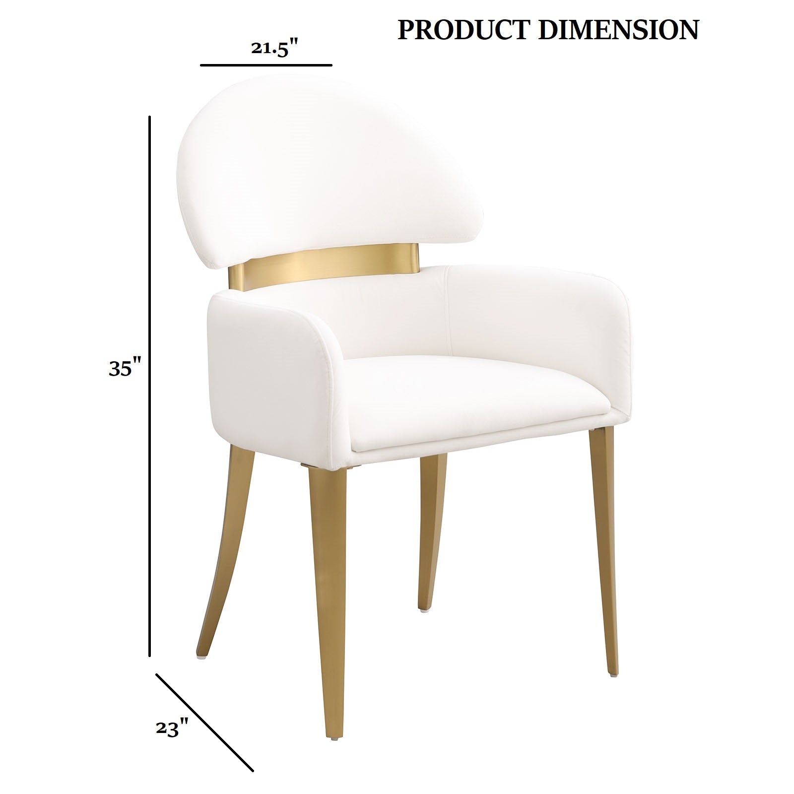 Product dimensions of Contemporary Dining Arm Chair in White and Gold with height, width, and depth measurements.
