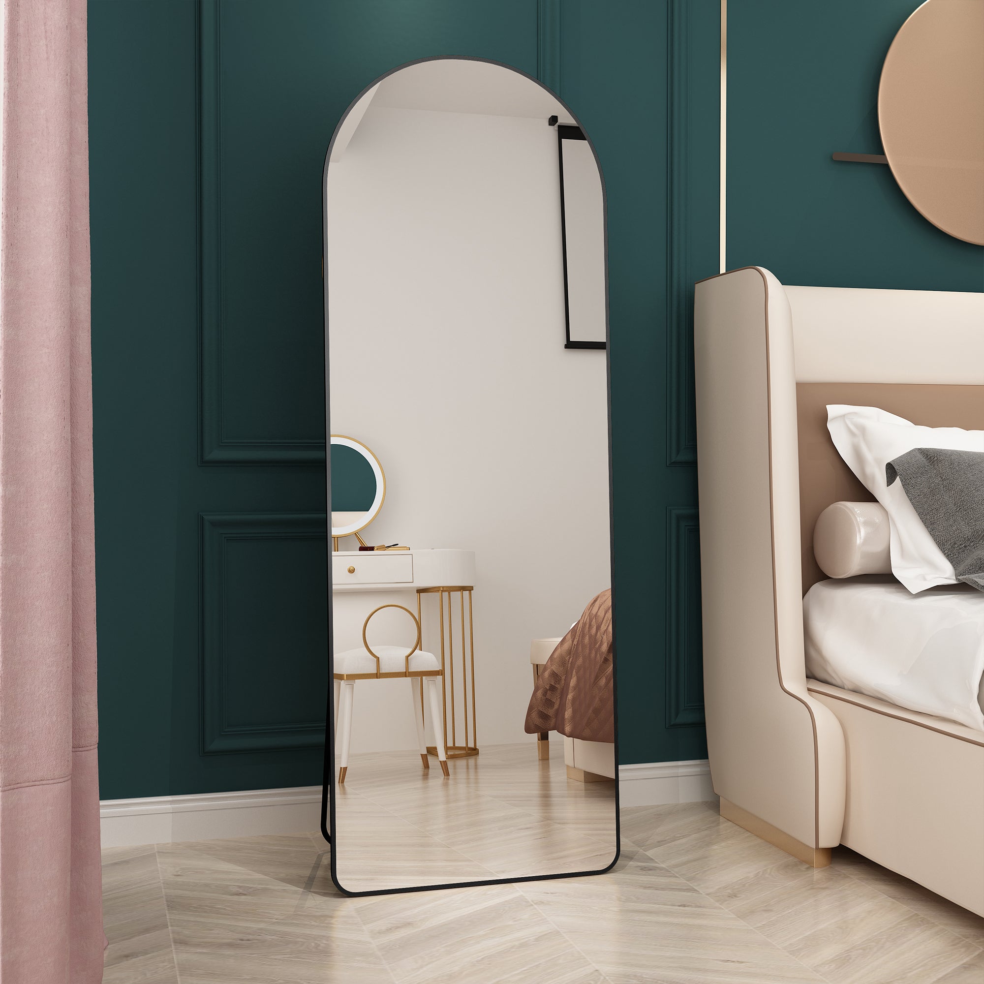 Black Arched Full Length Floor Mirror with Aluminum Alloy Frame