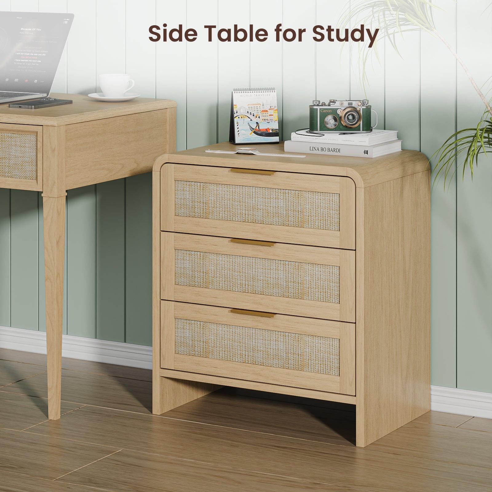 Rattan Nightstand with 3 Drawers for Modern Storage.