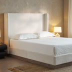 California King Upholstered Wingback Bed with Wood Base.