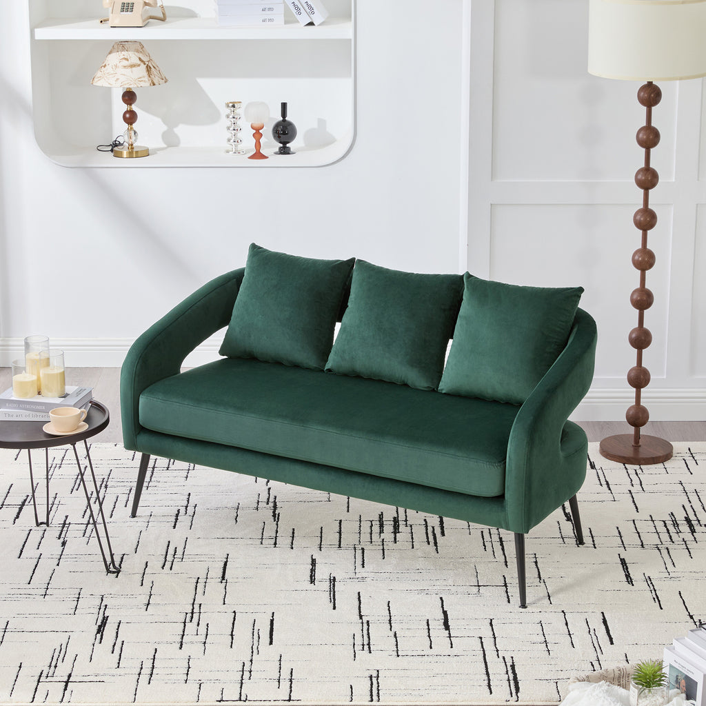 Modern Upholstered Velvet Loveseat Settee with Pillows, Comfy 2-Seater Mini Sofa for Small Spaces, Metal Legs, Green
