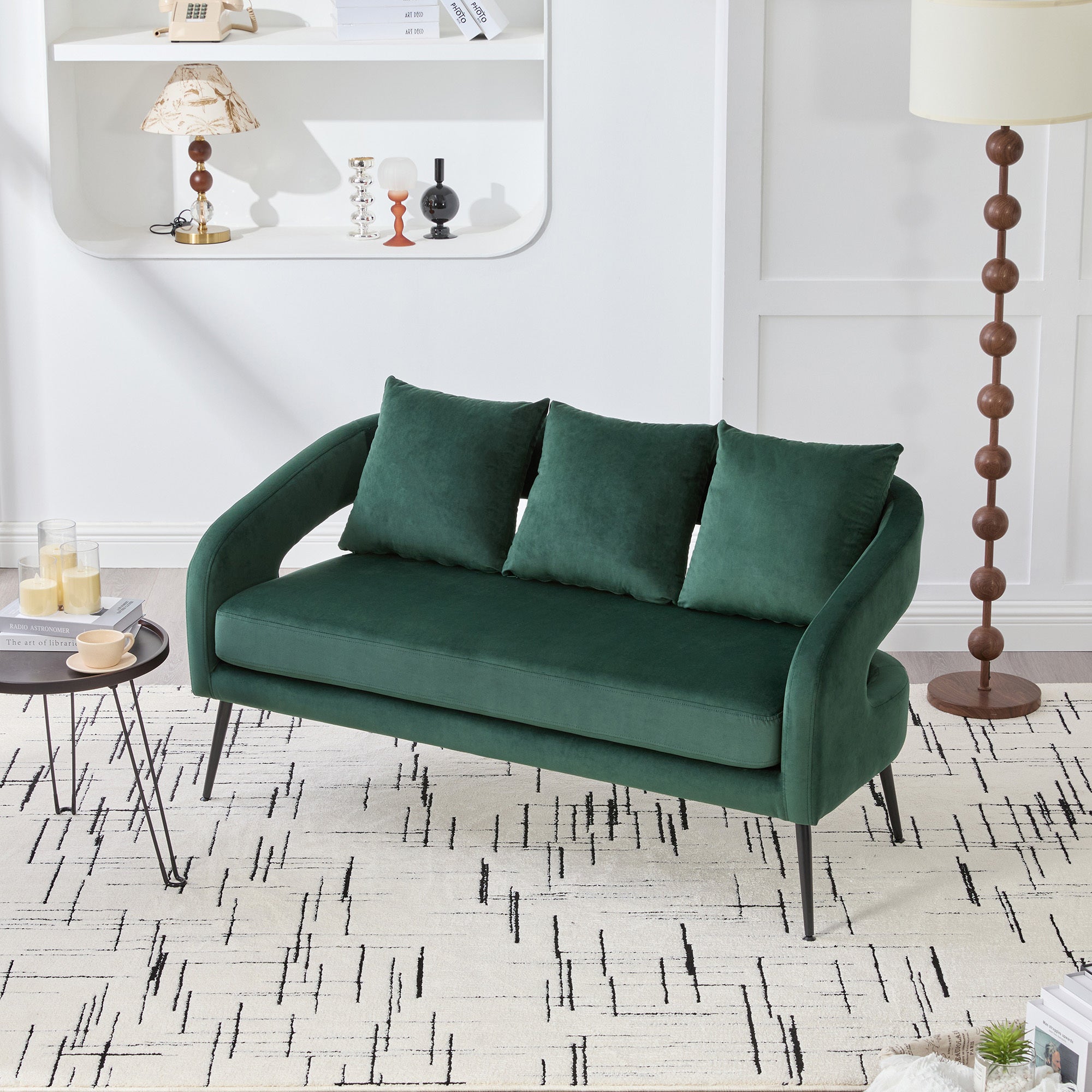 Modern Upholstered Velvet Loveseat Settee with Pillows, Comfy 2-Seater Mini Sofa for Small Spaces, Metal Legs, Green