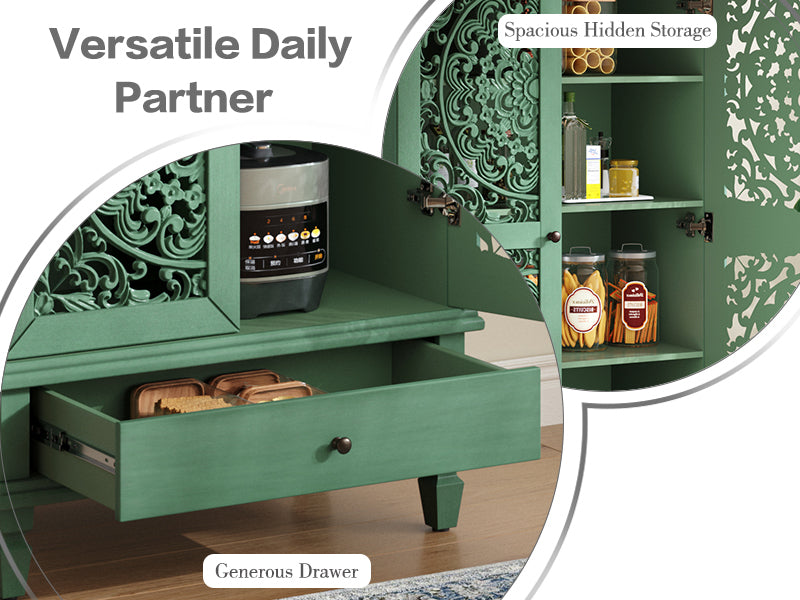 Antique Green Storage Cabinet - 55'' Tall w/ Drawer with labeled features including generous drawer and spacious hidden storage.