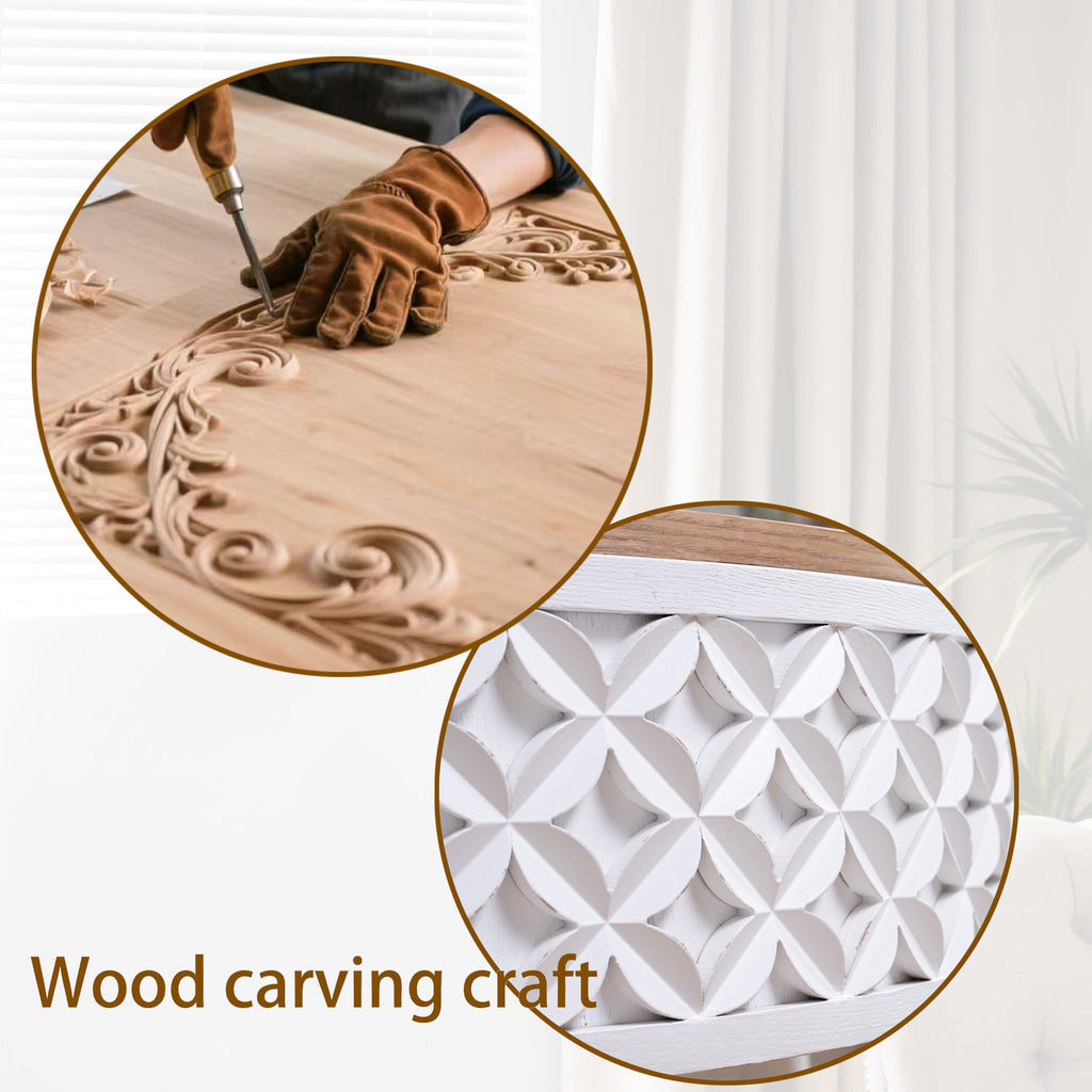 Wood carving craft process and close-up of carved white base on round coffee table with natural wood top.