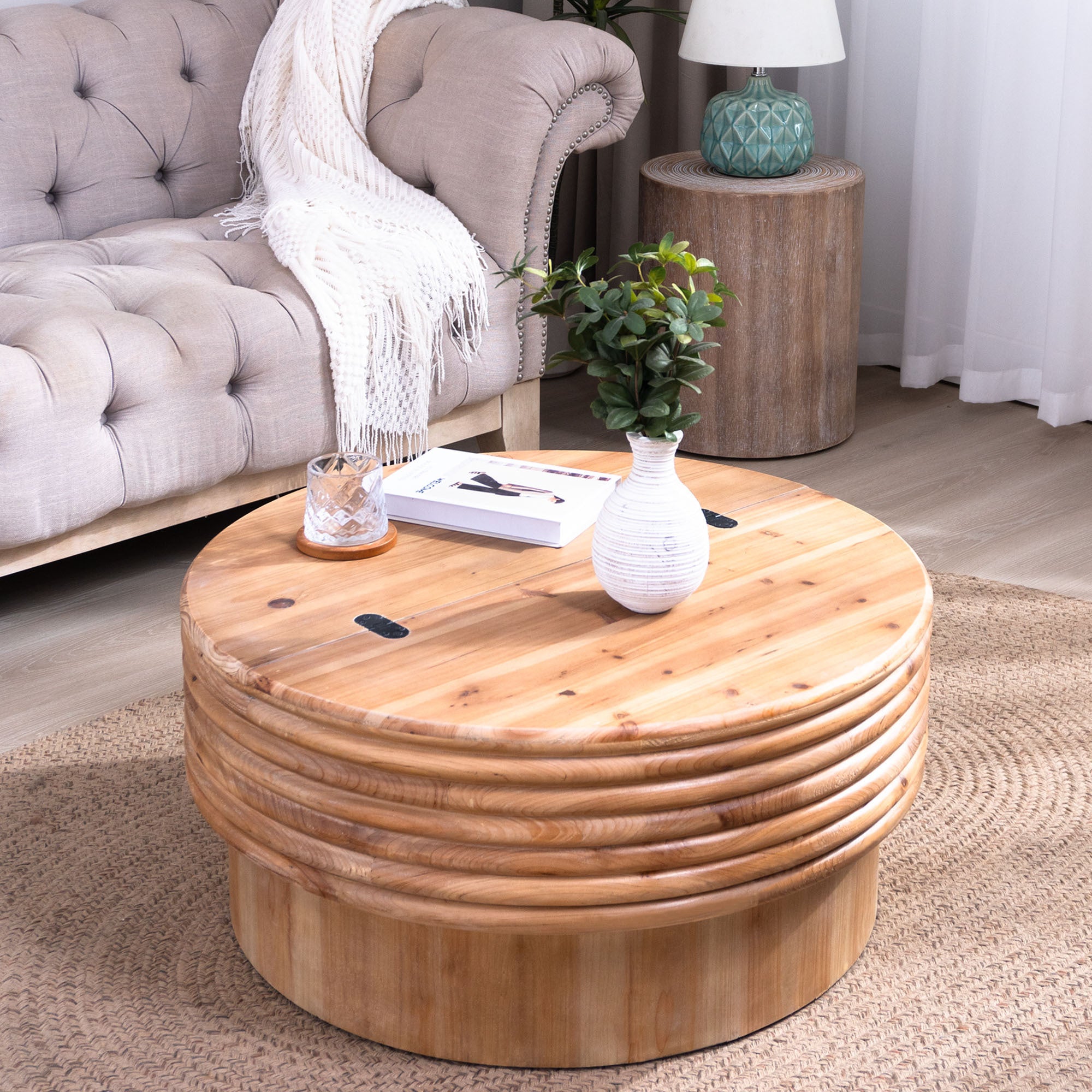 Modern rustic Round Wooden Coffee Table with Storage styled in a cozy living room, showcasing its lift-top functionality and natural wood finish.