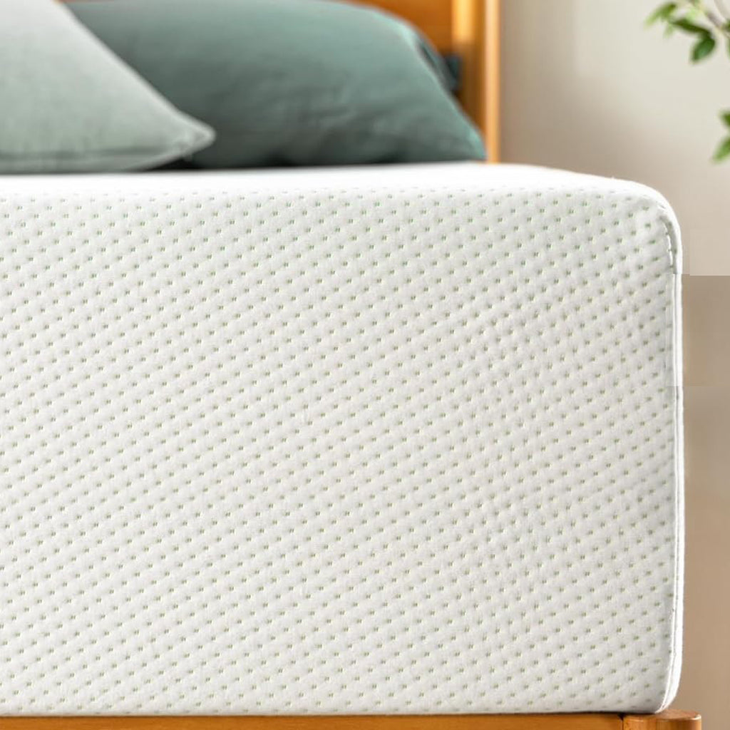 Close-up of Green Tea Memory Foam Mattress Full showing breathable, textured cover. Provides body-contouring comfort and odor control.
