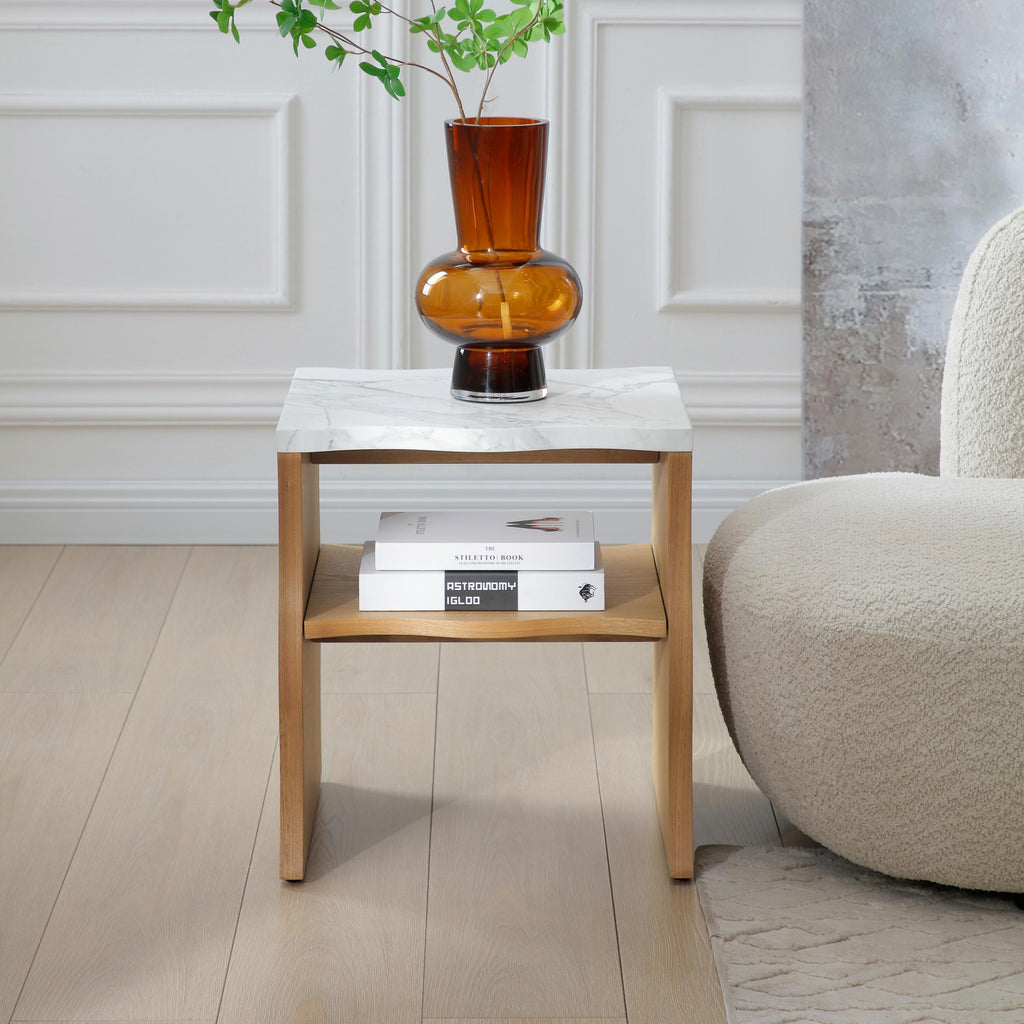 17.72' Whisper of Waves Modern End Table w/ Storage Shelf, Faux Marble Table w/ Solid Wood Veneered Table Base, Bedroom Nightstand, Accent Side Table for Living Room Apartment, Natural Wood Color.