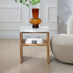 17.72' Whisper of Waves Modern End Table w/ Storage Shelf, Faux Marble Table w/ Solid Wood Veneered Table Base, Bedroom Nightstand, Accent Side Table for Living Room Apartment, Natural Wood Color.