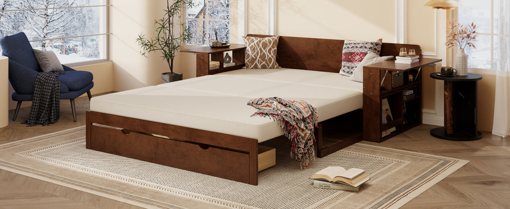 Queen Multifunctional Daybed in full bed mode with side storage and removable desk, perfect for modern multifunctional interiors.