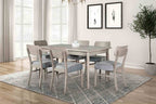 Dining room setup with six transitional gray dining chairs and matching table, ideal for contemporary interiors.