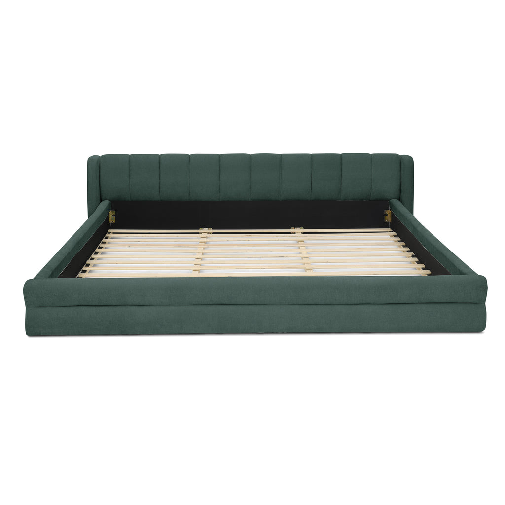 King size bed frame with chenille upholstery and wooden slats, offering sturdy support and elegant bedroom appeal.