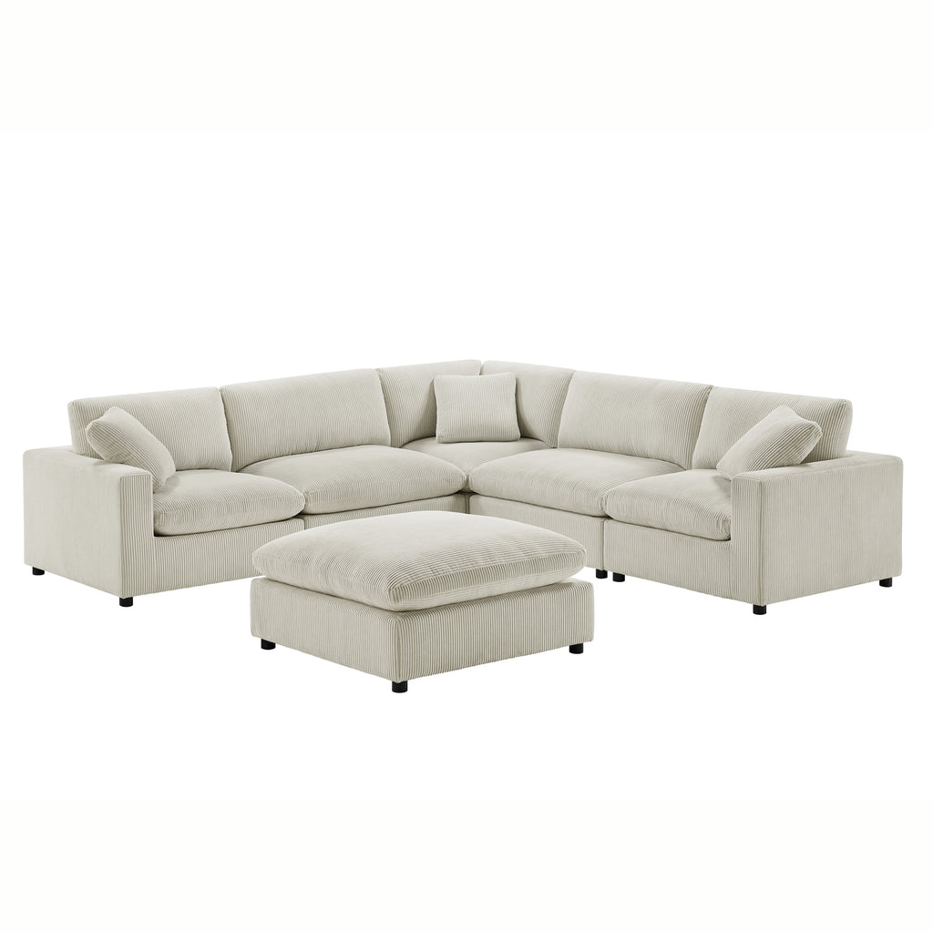 Beige 6-piece modular sectional sofa with matching ottoman, upholstered in soft, textured polyester corduroy fabric.