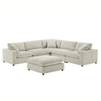 Beige 6-piece modular sectional sofa with matching ottoman, upholstered in soft, textured polyester corduroy fabric.