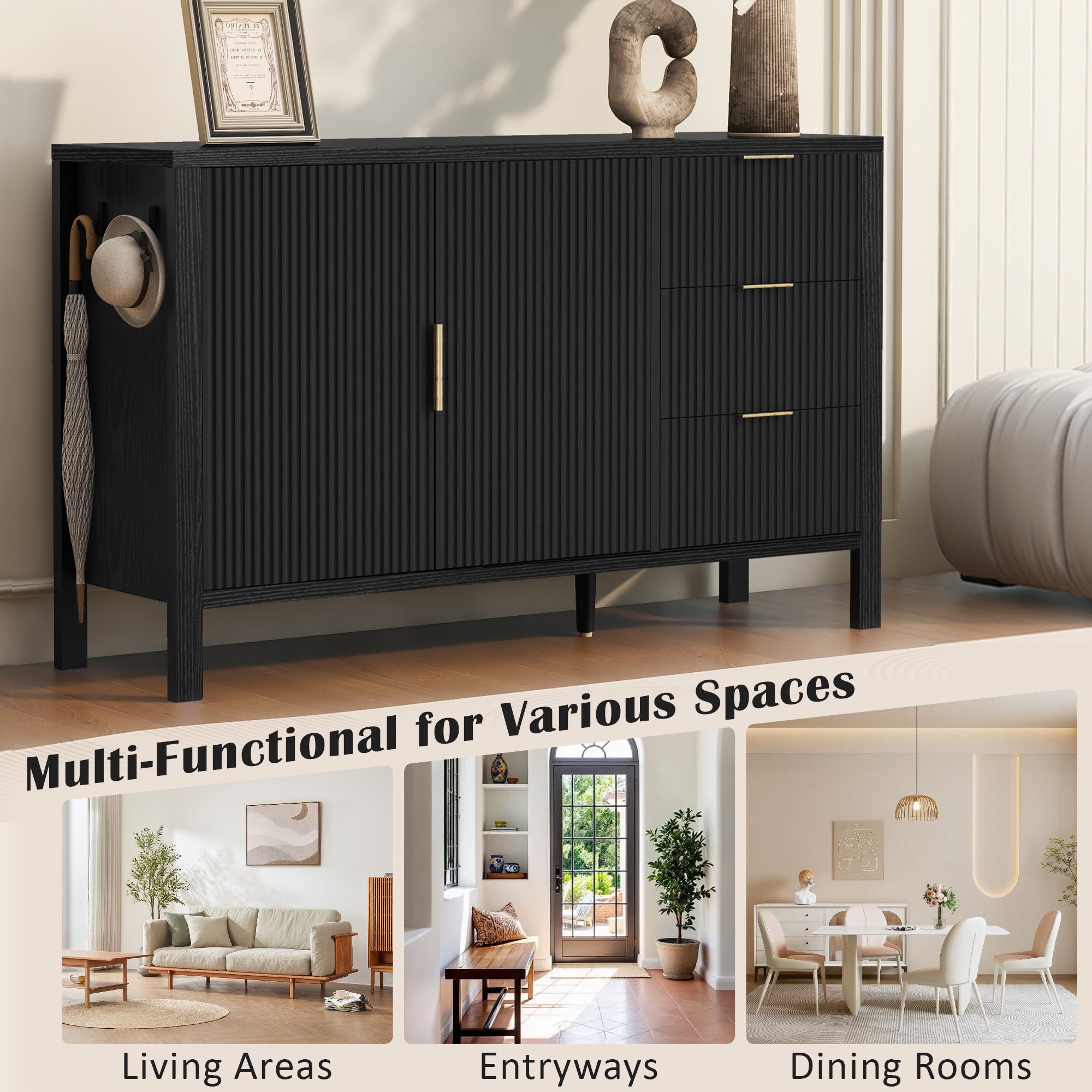 Modern wave-pattern sideboard shown in various home settings like living room, entryway, and dining room for versatile use.