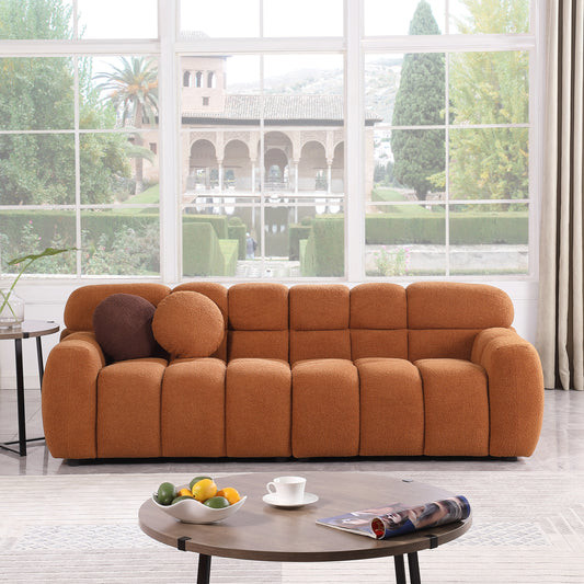 87.4 length ,35.83' deepth ,human body structure for USA people,  marshmallow sofa,boucle sofa ,3 seater, LIGHT BROWN   BOUCLE