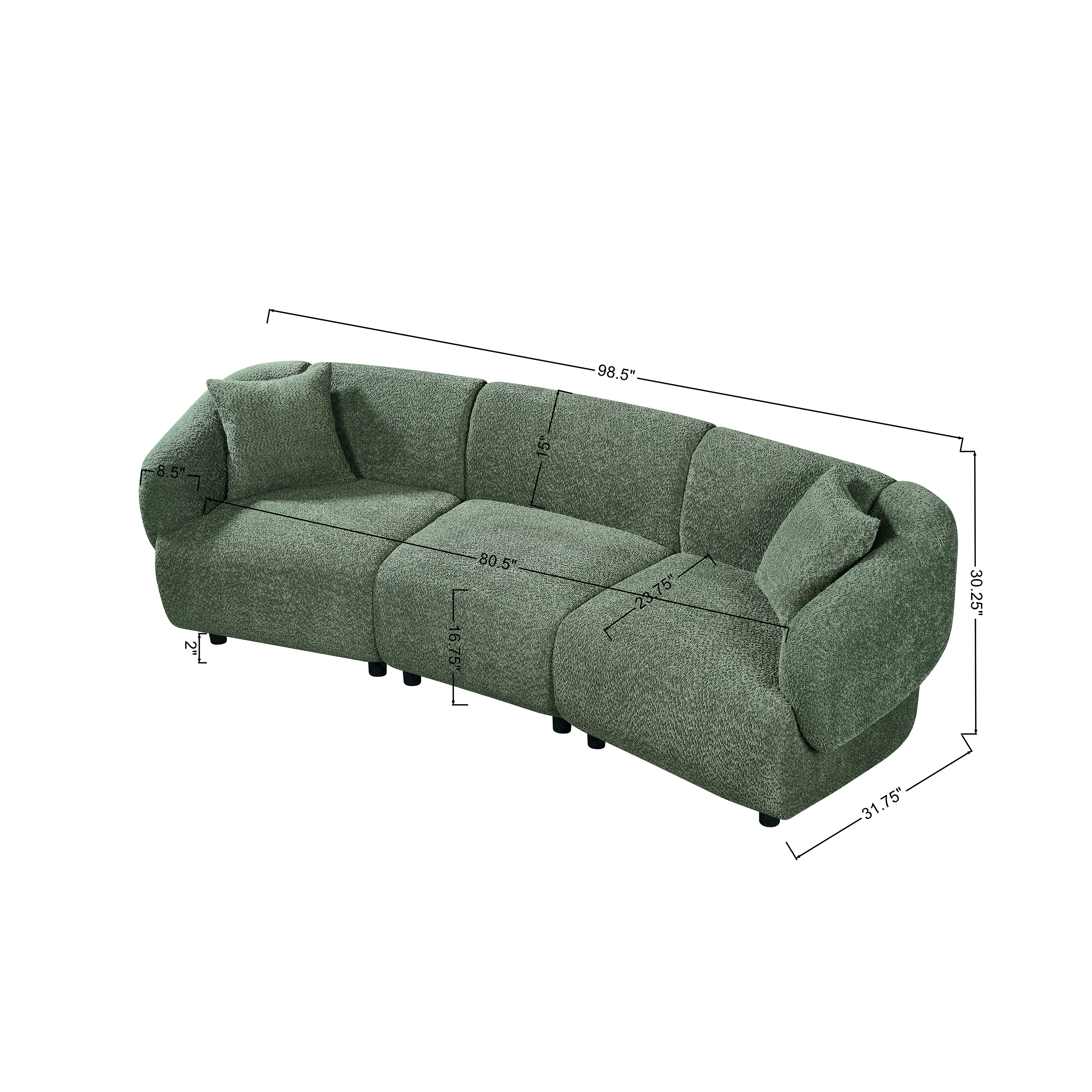 Curved 3-Seater Sofa in Green - Comfortable Seating & Modern Design.