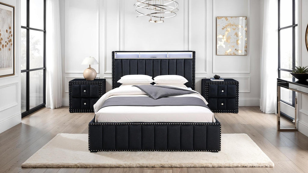 Luxury Queen Size Bed And 2 Nightstands Furniture Set.
