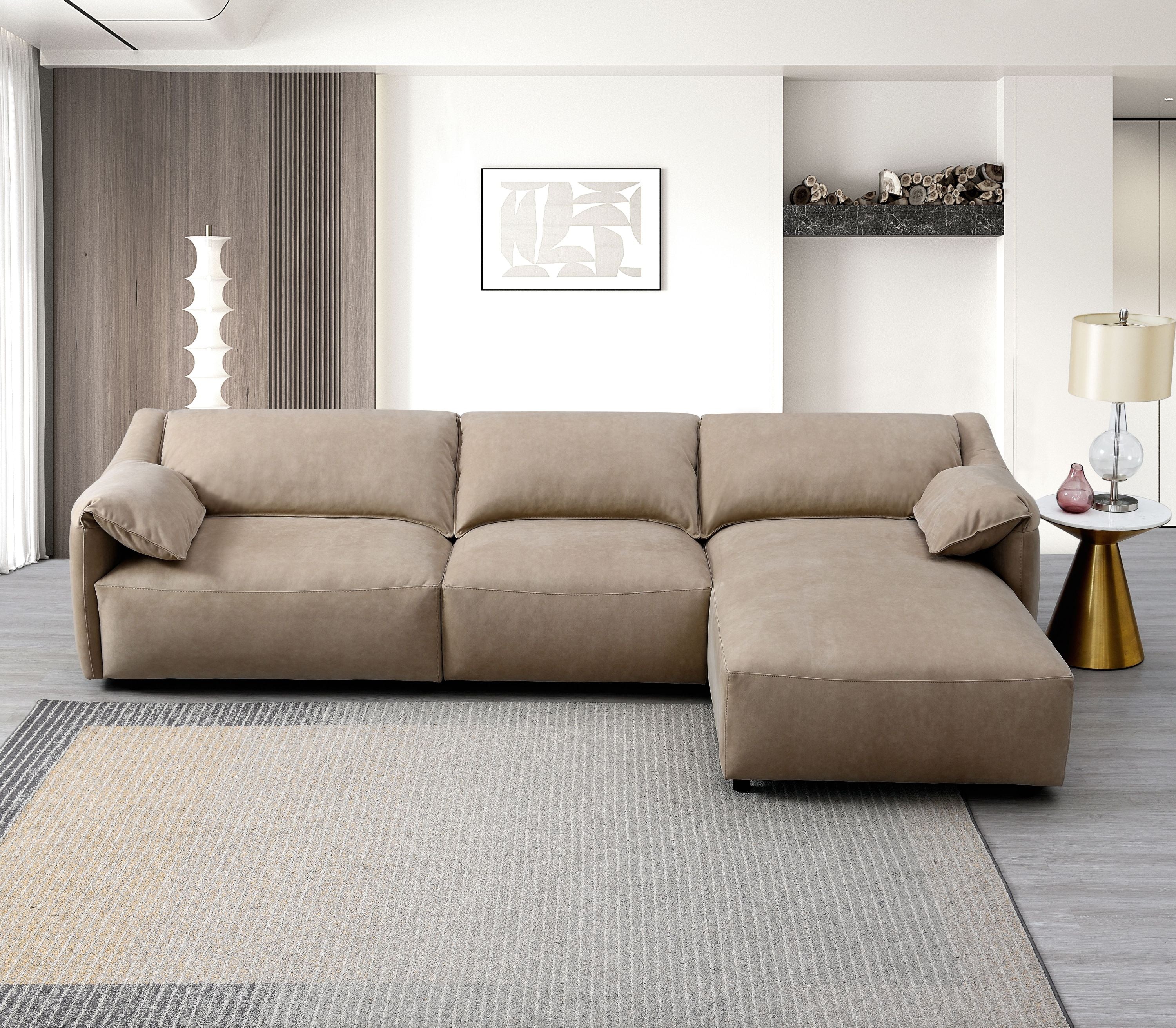 Front view of Veata Suede Sectional Sofa - Light Brown showcasing suede texture and pocket coil seating for enhanced comfort.