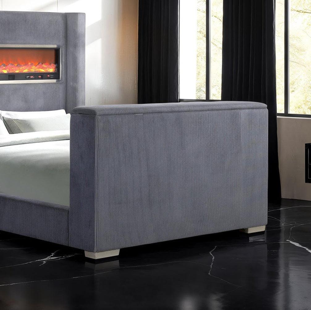 Contemporary Gray King Size Bed with TV Lift Footboard.