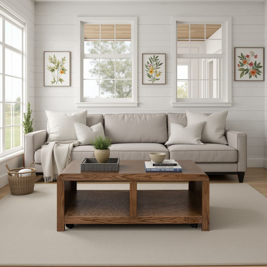 Haven 49 Inch Oak Coffee Table with bourbon finish styled in a bright farmhouse living room, showcasing its no-assembly design and curved edges.