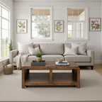 Haven 49 Inch Oak Coffee Table with bourbon finish styled in a bright farmhouse living room, showcasing its no-assembly design and curved edges.