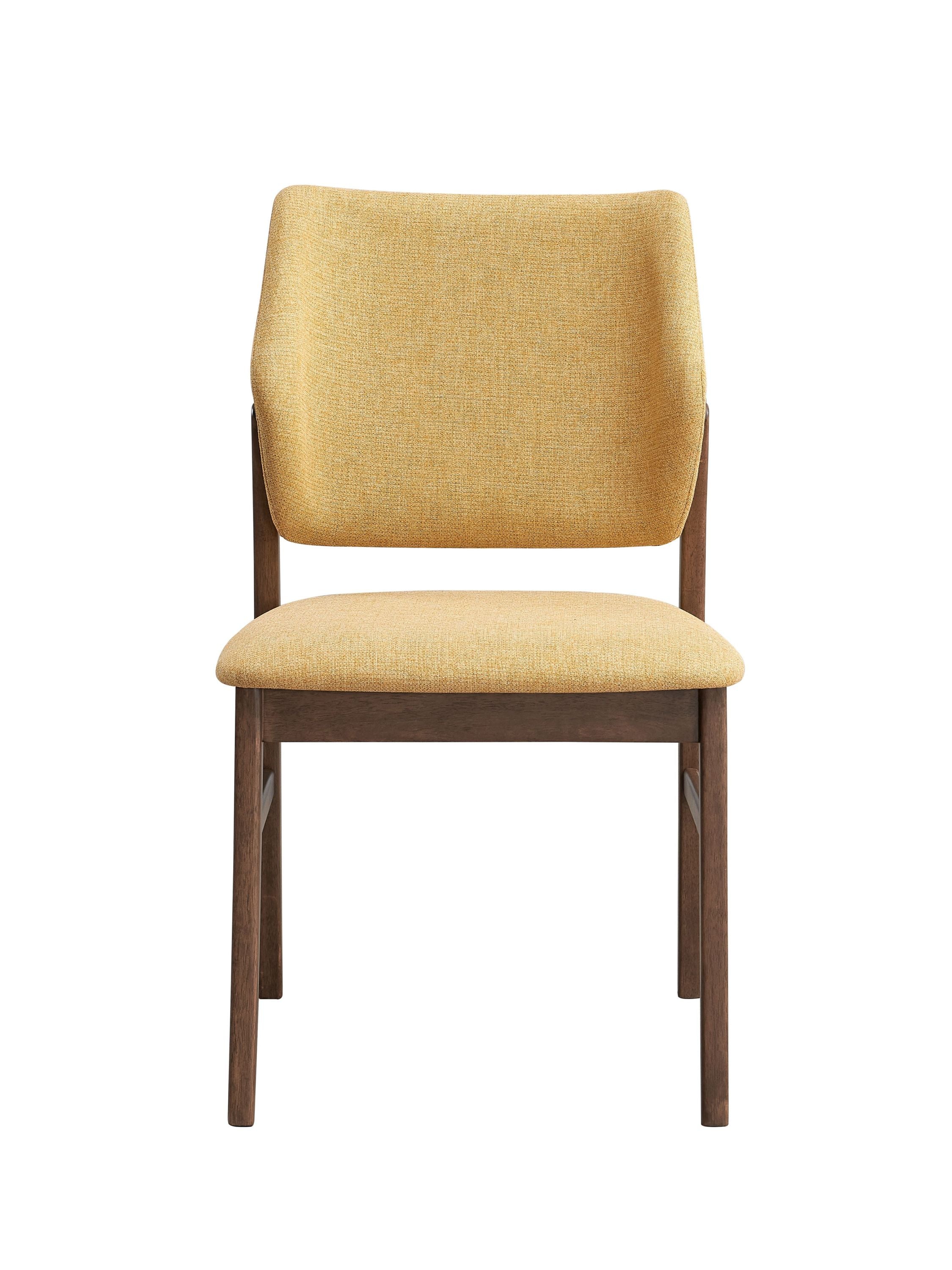Front view of Sarha Dining Set yellow upholstered chair with walnut legs, ideal for stylish dining areas.