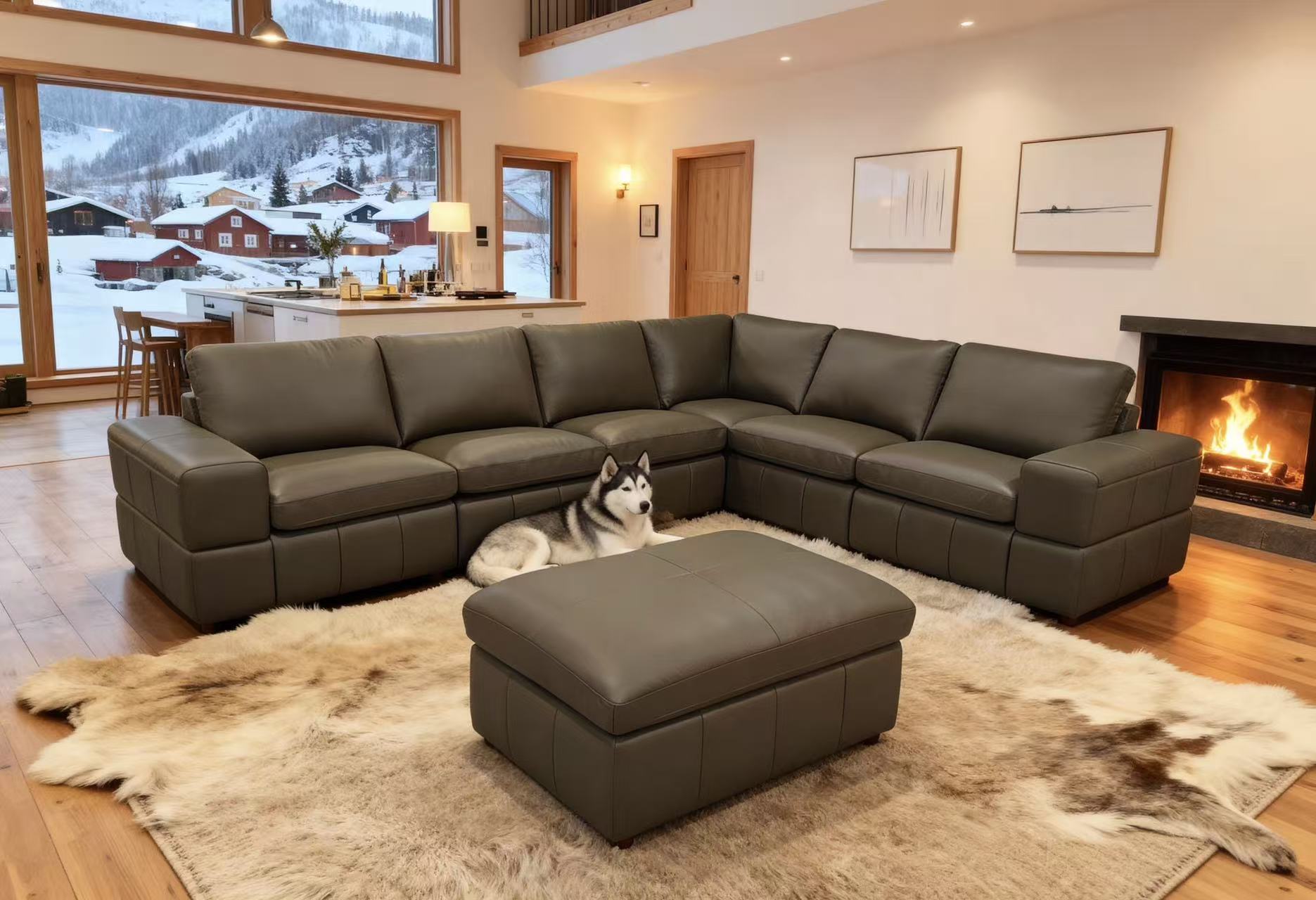 Olive Green 7-Seat Modular Sectional Sofa with Large Square Arms