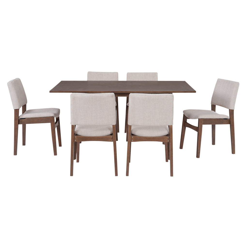 Front view of Modern Dining Set - Chairs & Table Walnut Finish with 6 matching upholstered chairs around a rectangular wood table.