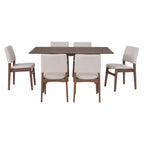 Front view of Modern Dining Set - Chairs & Table Walnut Finish with 6 matching upholstered chairs around a rectangular wood table.