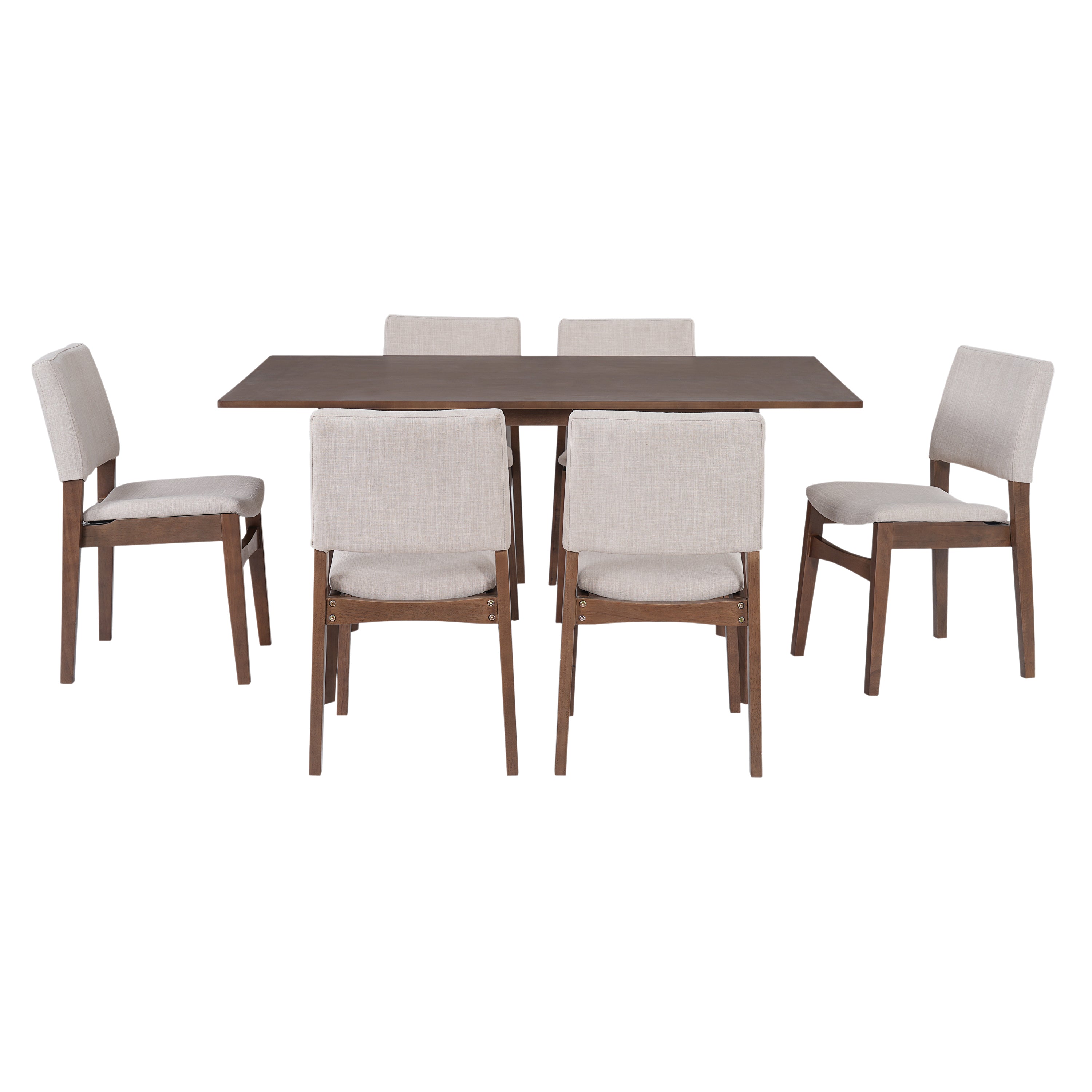 Front view of Modern Dining Set - Chairs & Table Walnut Finish with 6 matching upholstered chairs around a rectangular wood table.