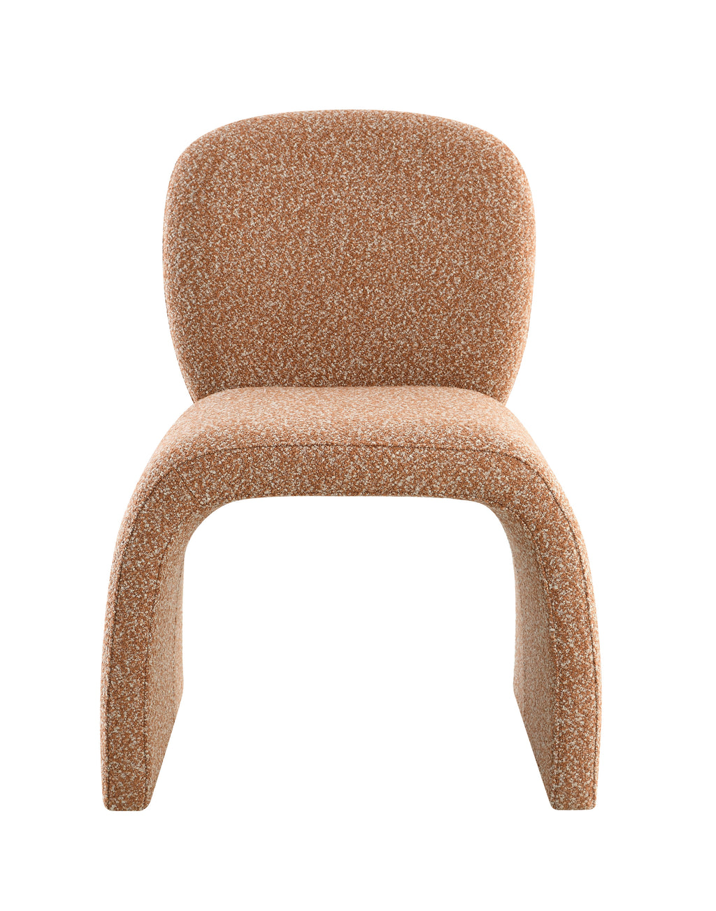 Front view of modern fabric accent chair in brown boucle with curved base and tight seat cushion. Ideal for modern interiors.