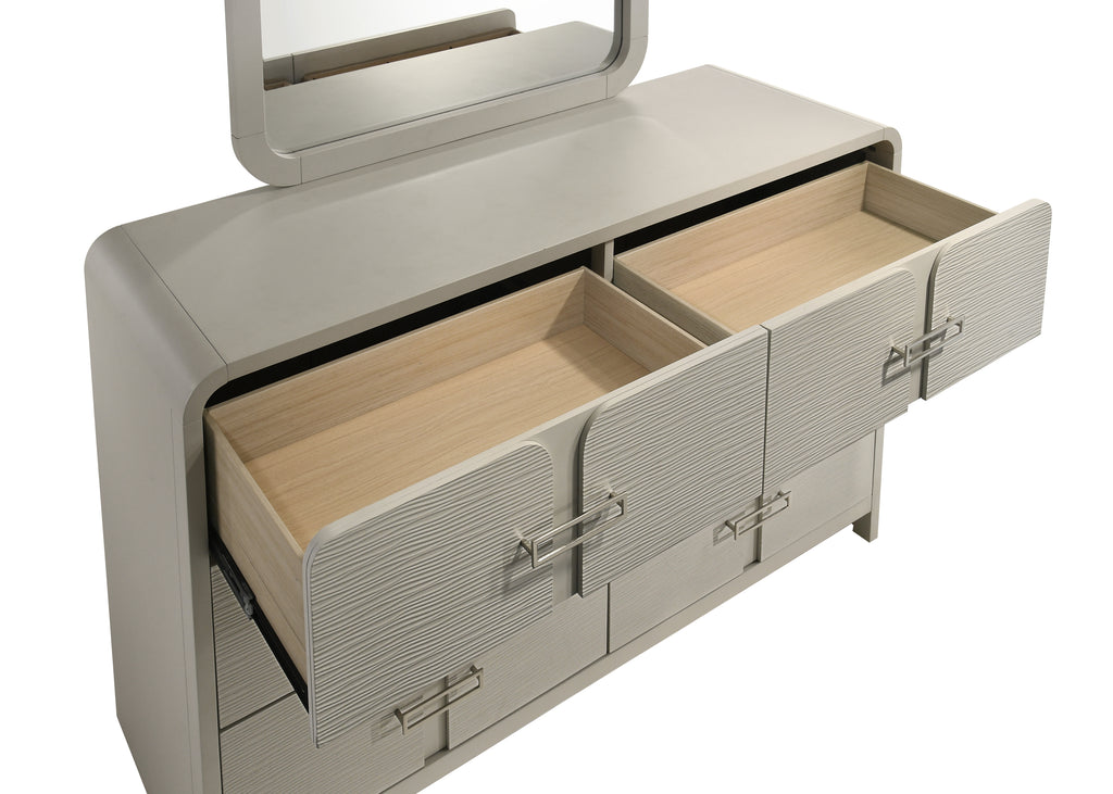 Open view of Modern 6-Drawer Dresser showing spacious interior drawers with smooth ball bearing glides and textured drawer fronts.