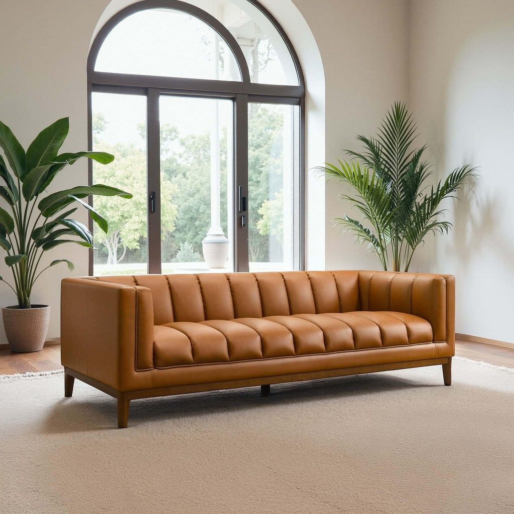Modern Vegan Leather Mid-Century Cognac Sofa.