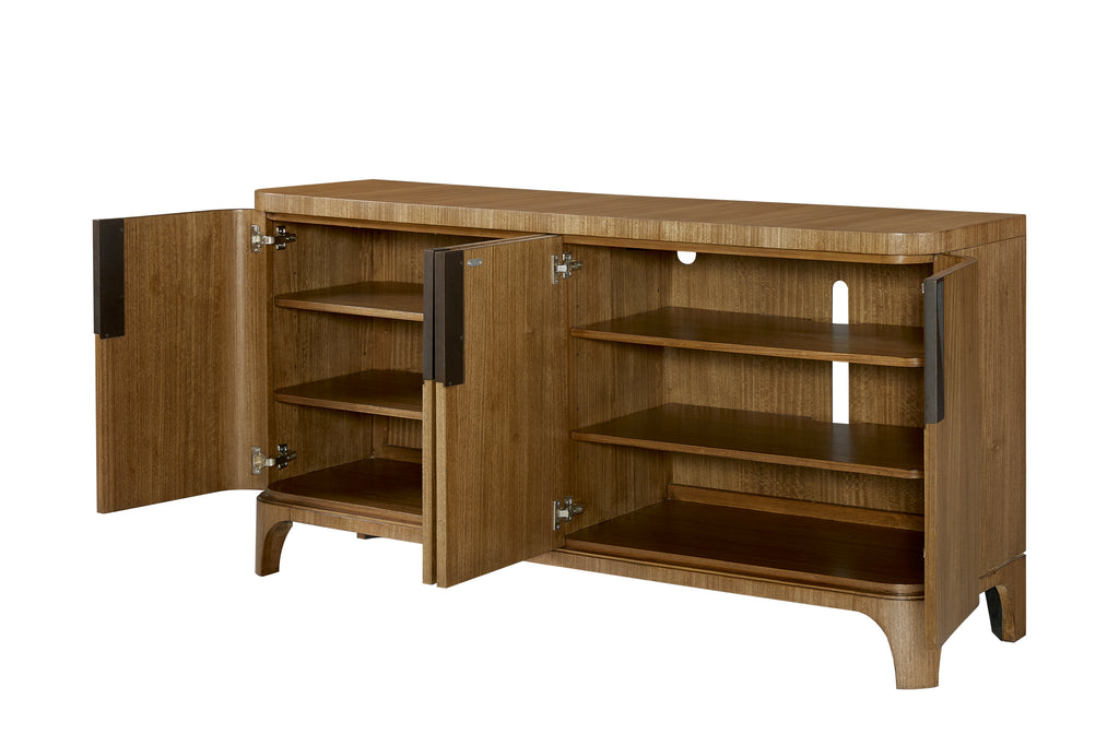 Eucalyptus Server Furniture - Solid Wood & MDF buffet with open doors revealing adjustable shelves and cord management cutout.