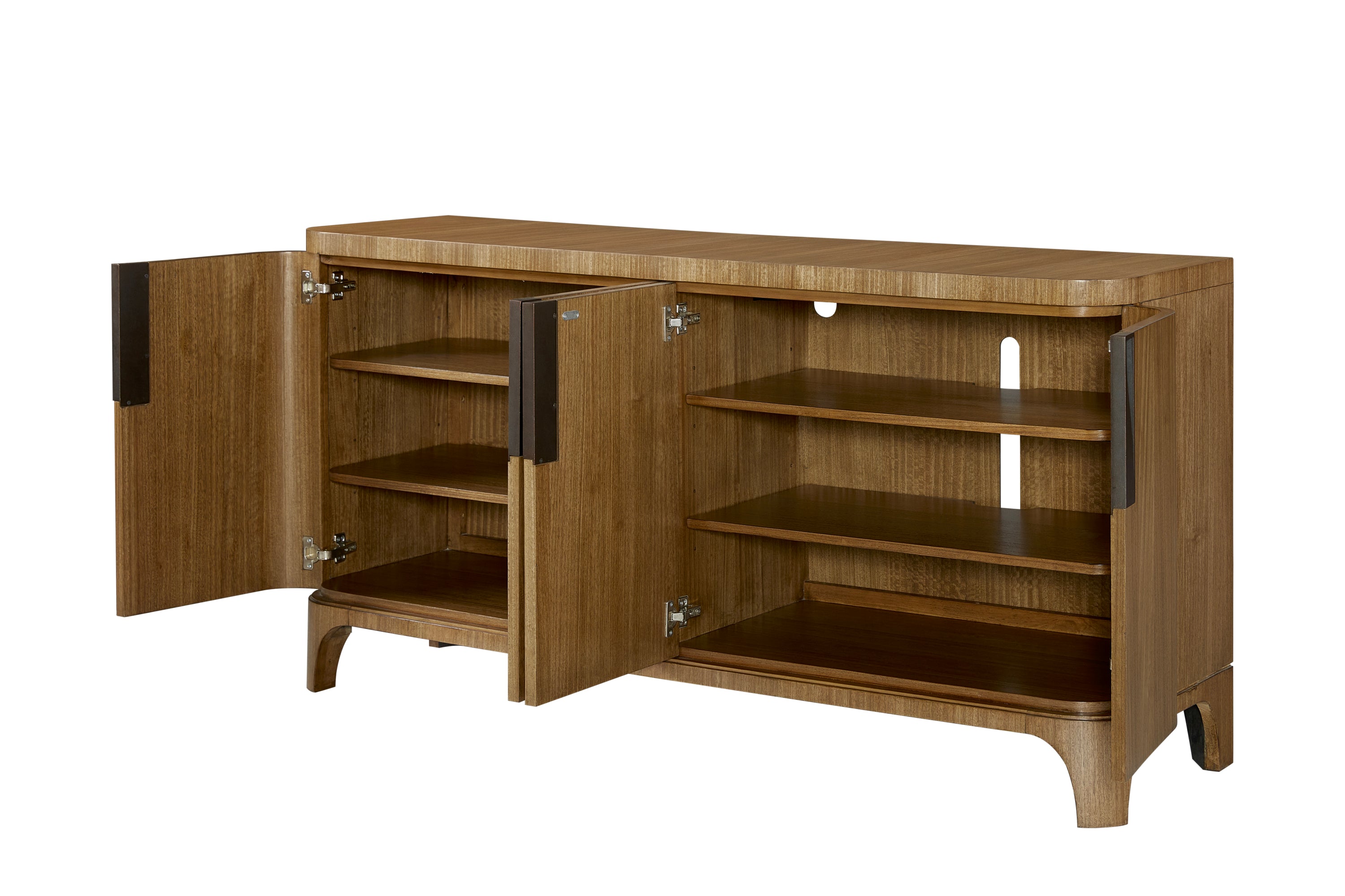 Eucalyptus Server Furniture - Solid Wood & MDF buffet with open doors revealing adjustable shelves and cord management cutout.