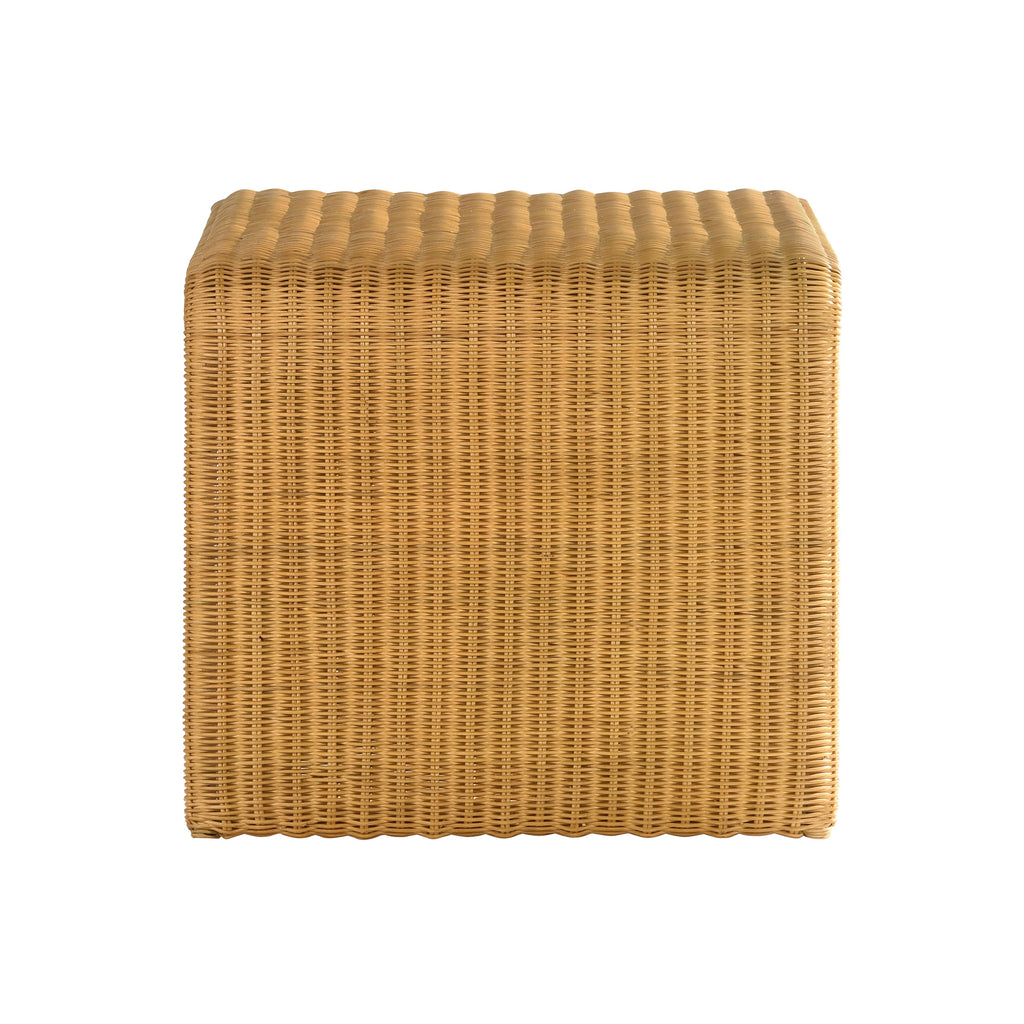 Side profile of Square Woven Rattan End Table, Natural, highlighting its sturdy rattan weave and clean lines.