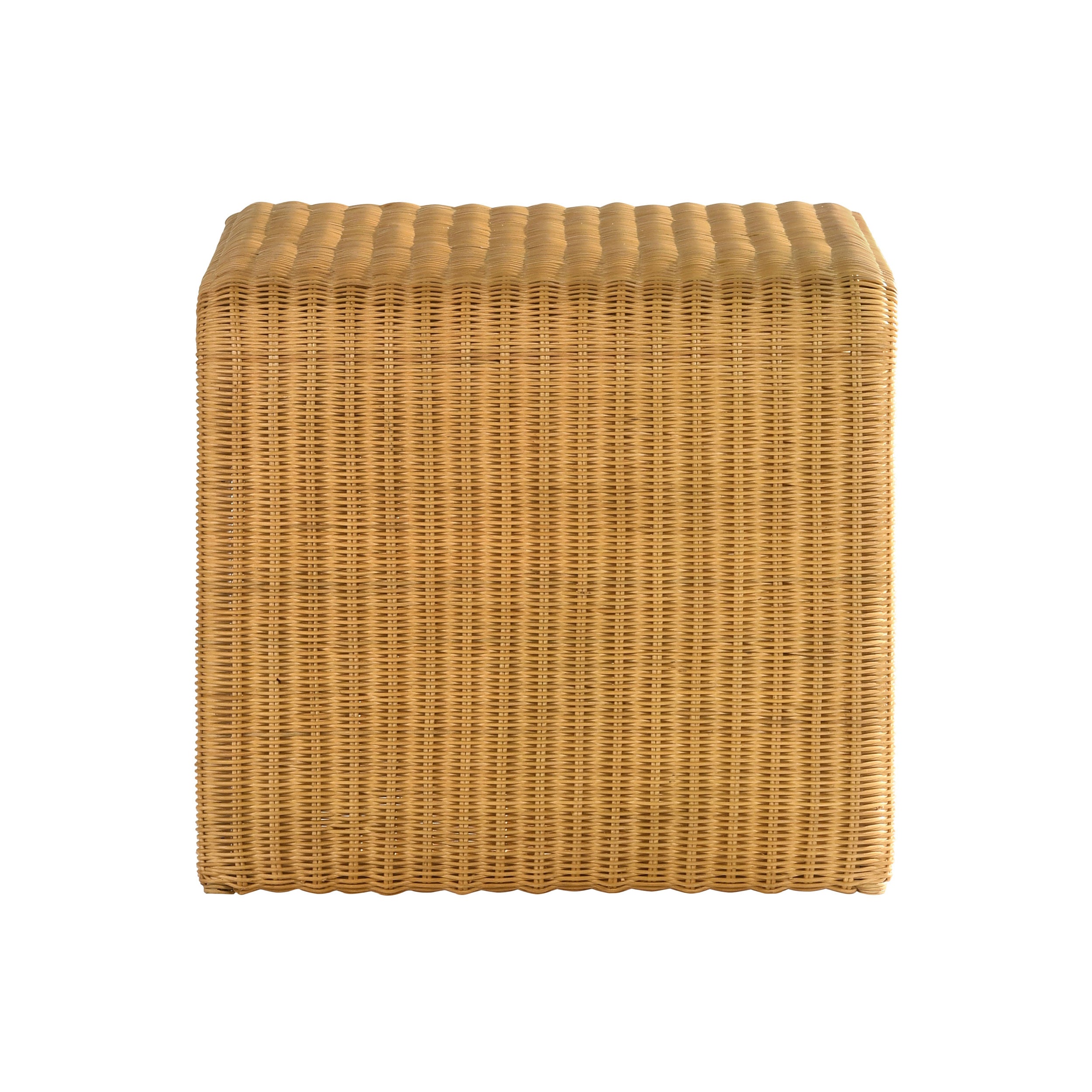 Side profile of Square Woven Rattan End Table, Natural, highlighting its sturdy rattan weave and clean lines.