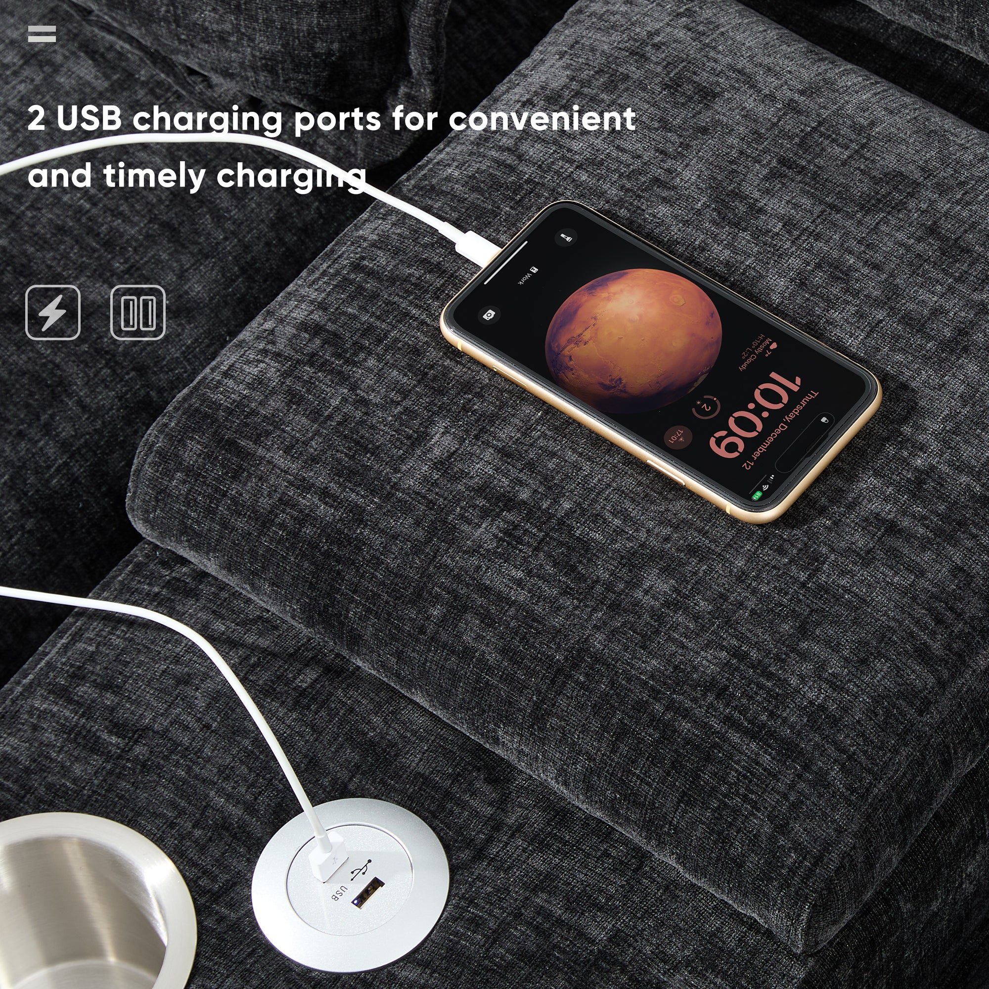 USB charging ports on Modern U-Shaped Sectional Sofa with Console & USB allow convenient device charging directly from the armrest.