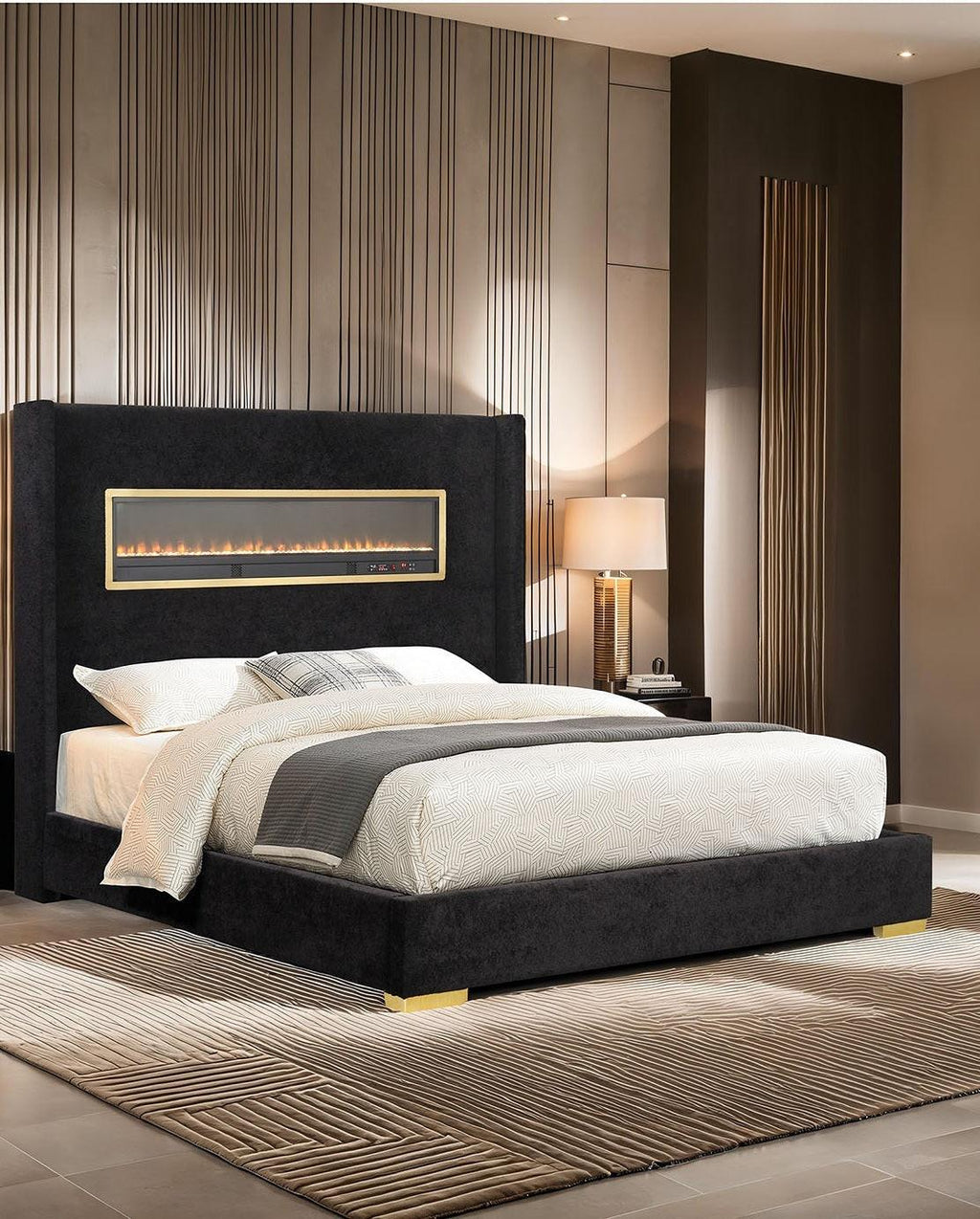 Contemporary Style Black Color 1pc Queen Size Bed Upholstered Fabric Bedframe Bedroom Furniture 3D Fireplace HB.