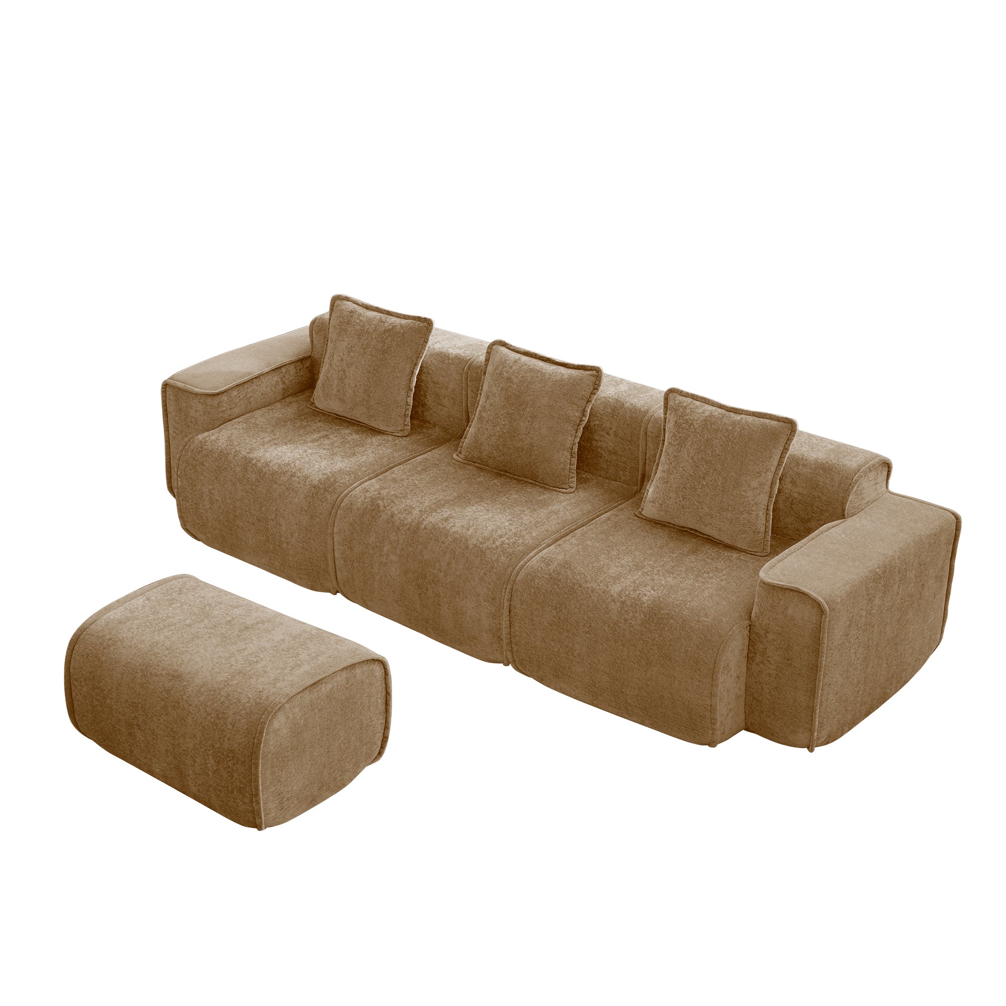 Velvet Modular Sectional Sofa - L Shape with Ottoman & Pillows, modular units arranged with ottoman placed separately.