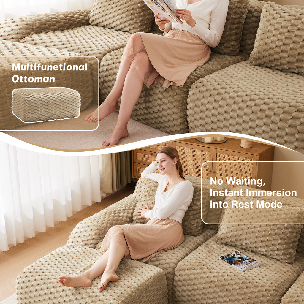 Multifunctional ottoman with modular U-shaped flannelette sofa, showing a woman relaxing in various seating configurations.