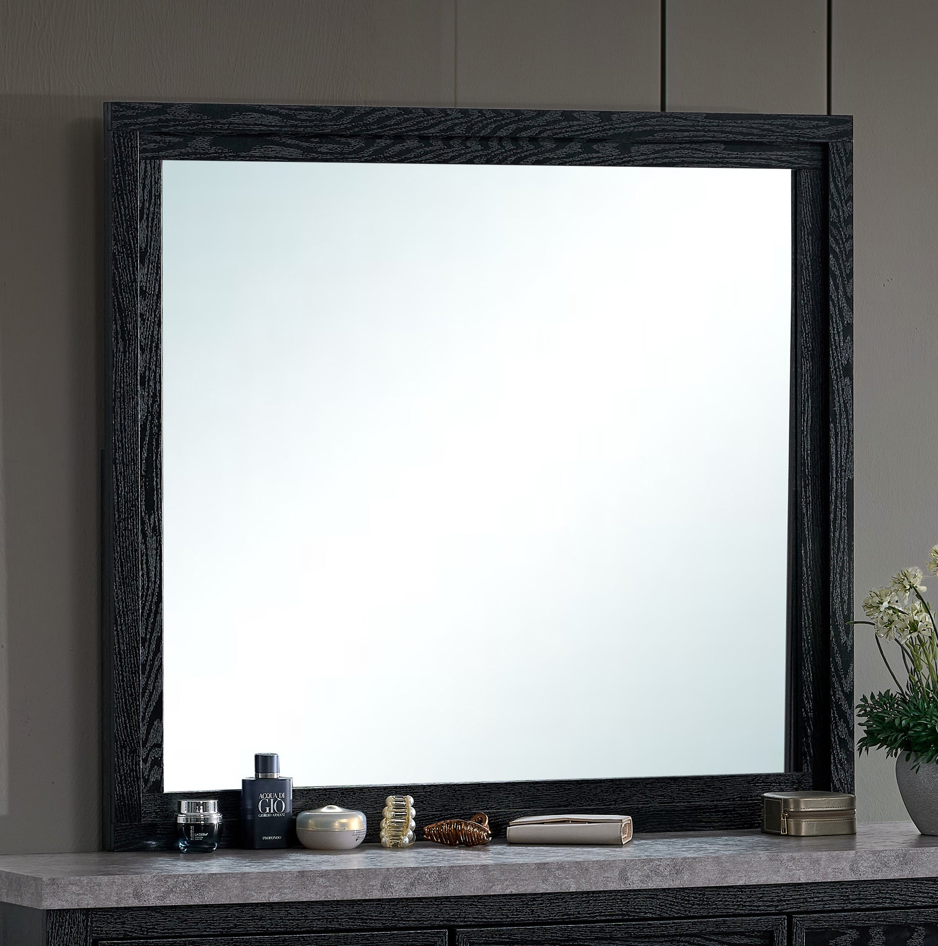 Modern Rectangular Bedroom Wall Mirror in Black Wood Grain, 41-Inch