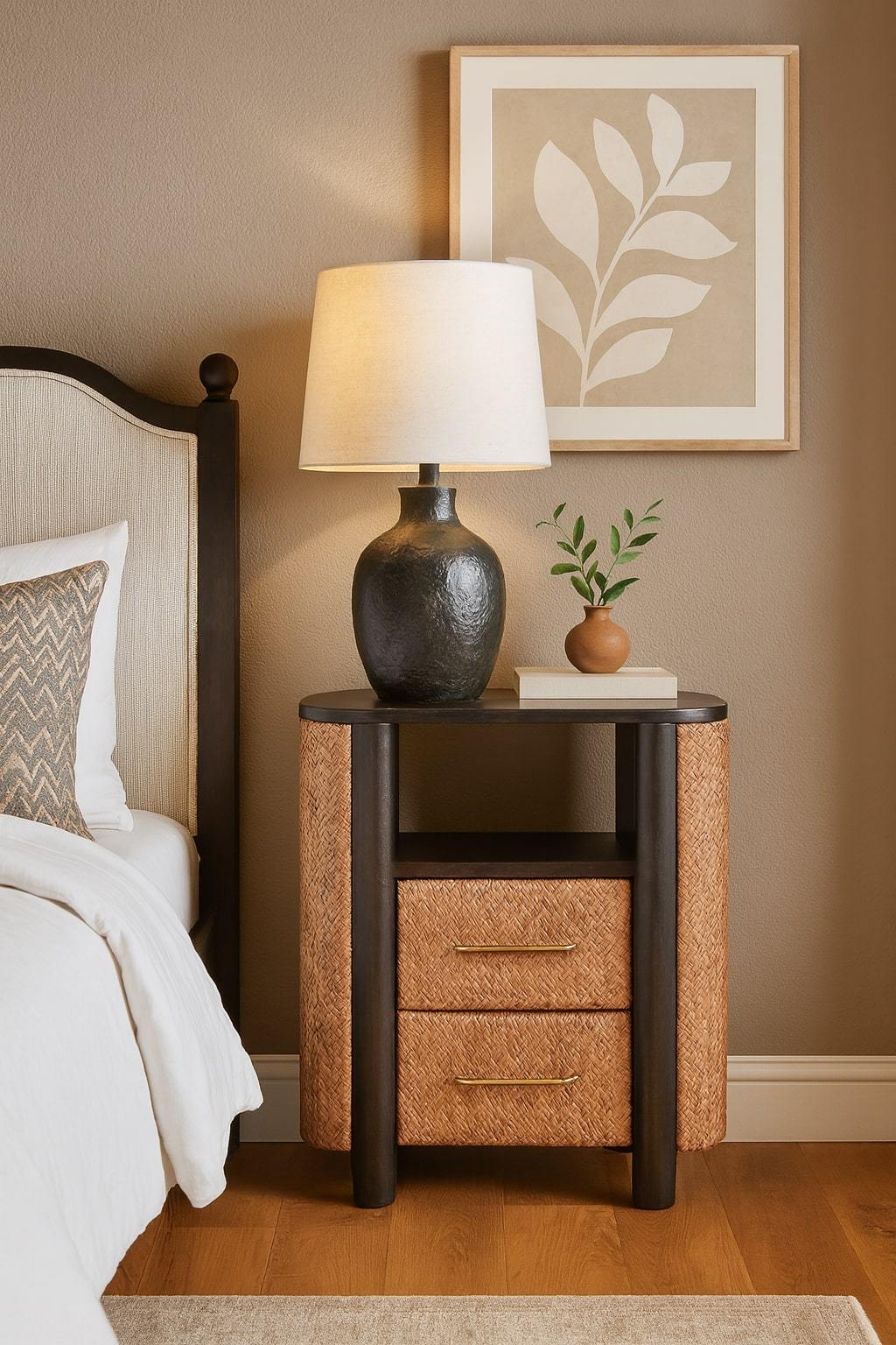 Solid Wood Rattan Curve Edge Nightstand,2-Drawers,1-Shelf