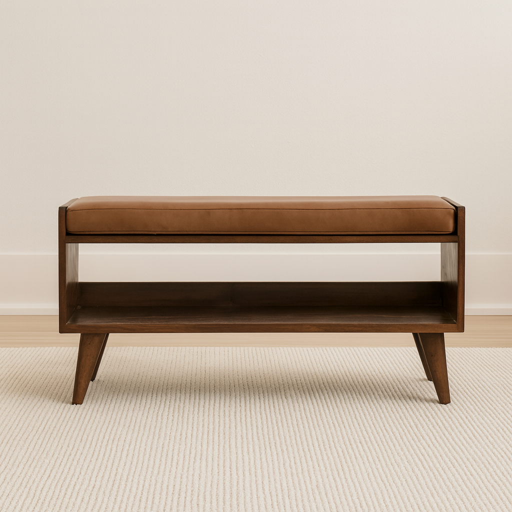 Solid Wood Chestnut Bench with Leather Seat pad, Nordic Legs, Tan and Dark Brown