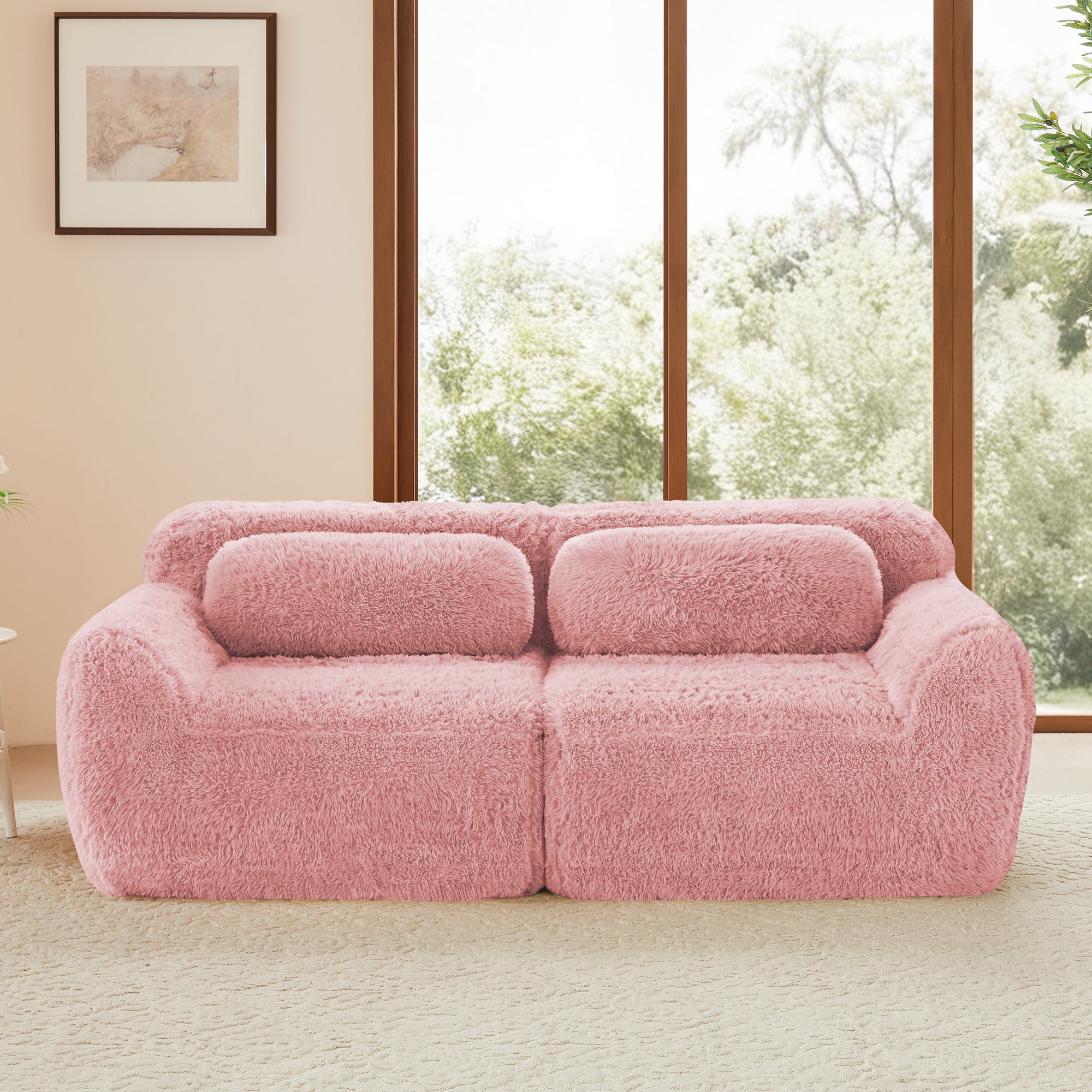 Front view of Modular Pink Sofa - 2-Seater Couch showcasing plush texture and deep seating for maximum comfort.