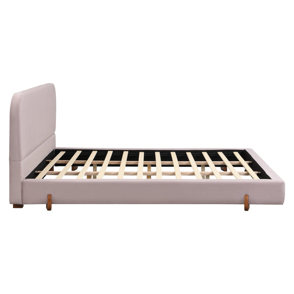 Pink Velvet Bed Frame with Brown Wood Legs - King Size.