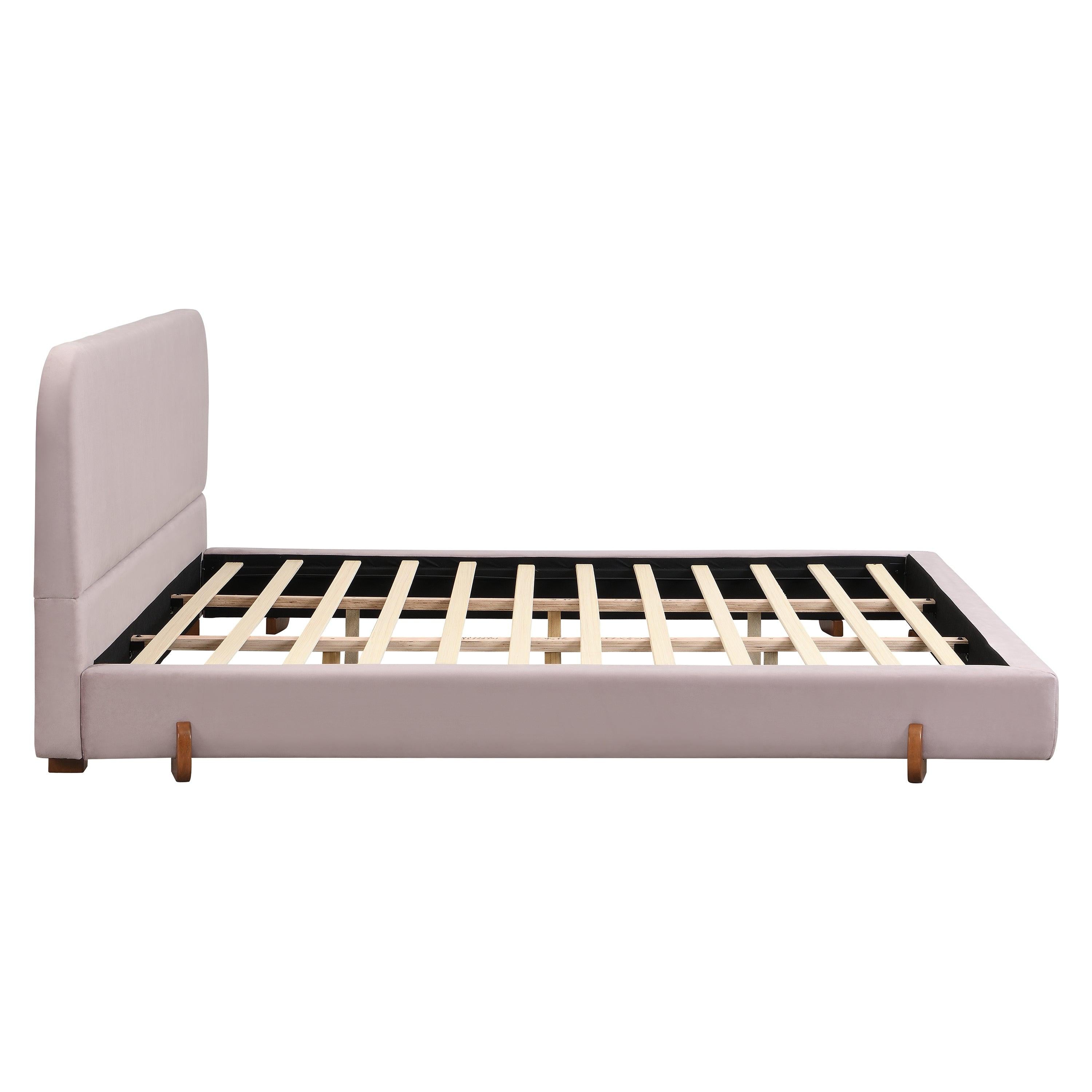 Pink Velvet Bed Frame with Brown Wood Legs - King Size.