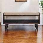 Solid Wood California Walnut Bench With Mud Linen Seat Pad Upholstered, 1 Shelf, Nordic Legs, Beige and Dark Brown