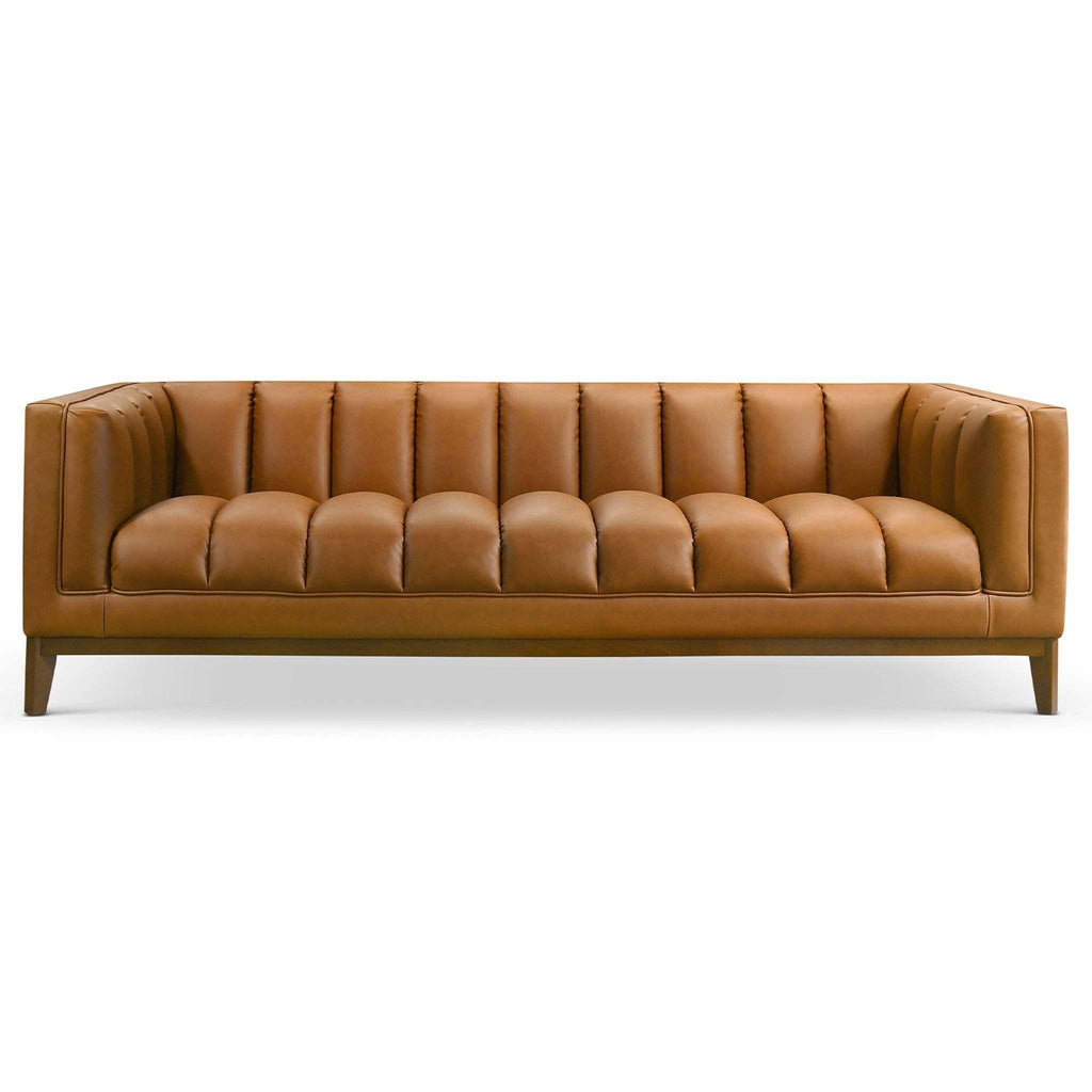 Modern Vegan Leather Mid-Century Cognac Sofa.